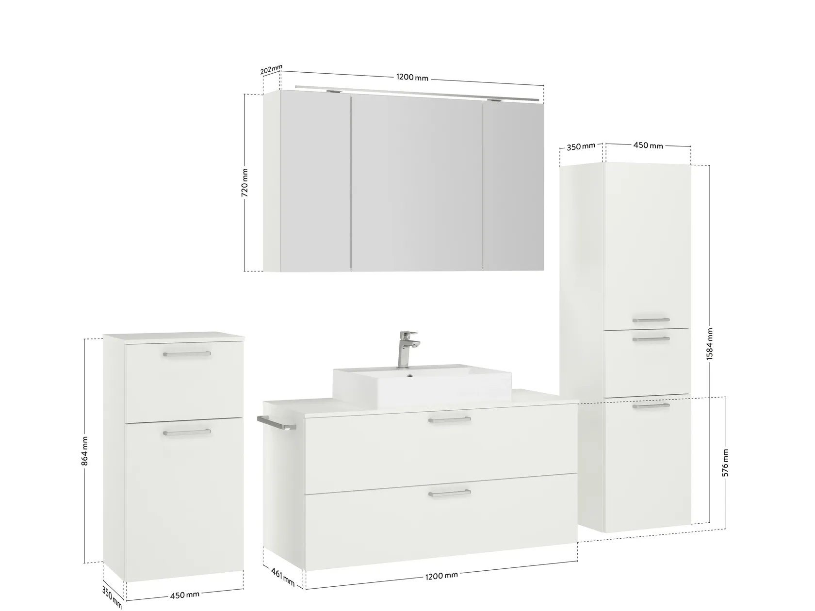 Verges Concept 120 meuble vasque + armoire de toilette + armoires latérales 4